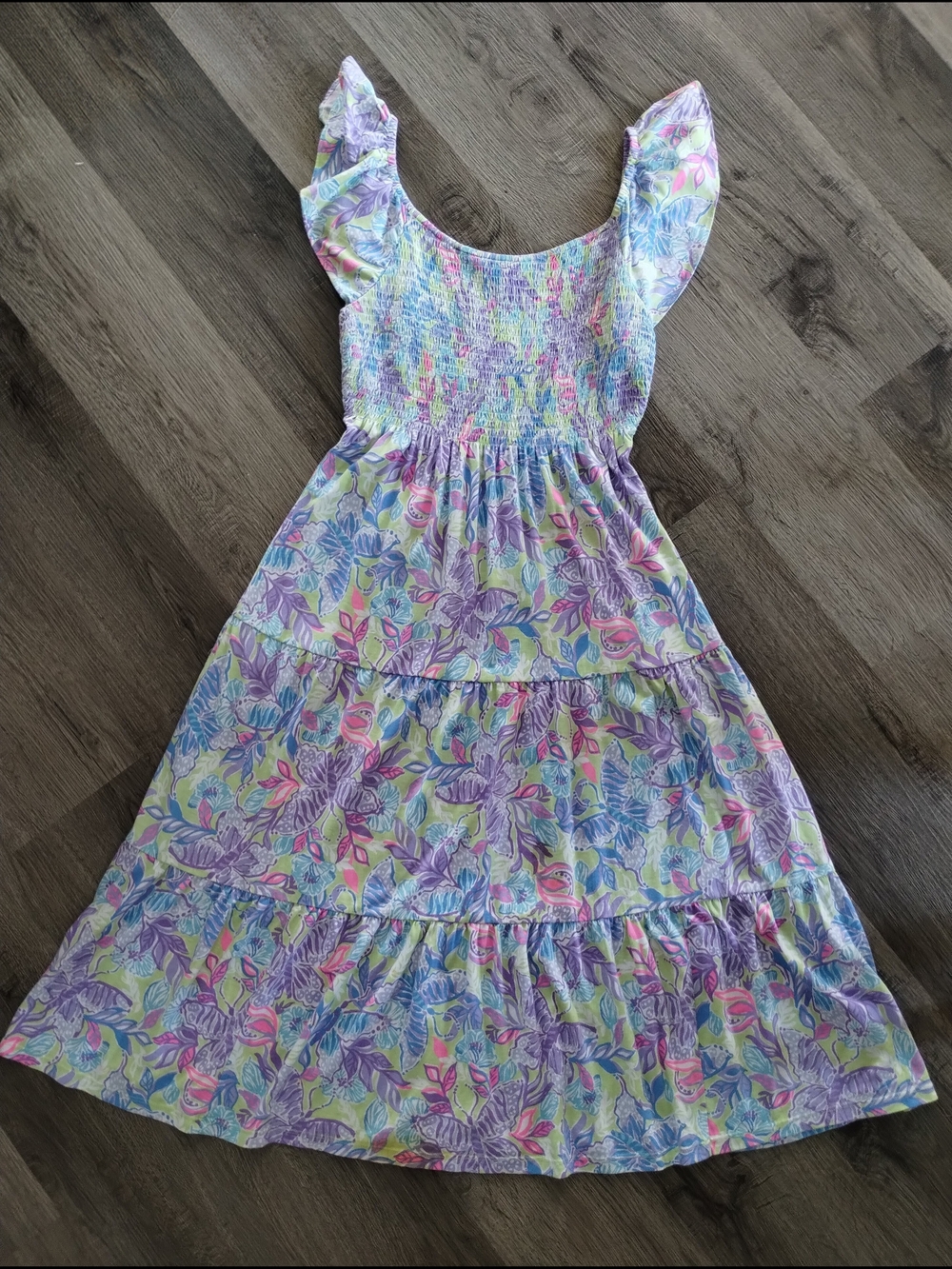 Lilly Pulitzer Jilly Smocked Midi Dress Dew Drop Stay Fly Floral L - Picture 2 of 11